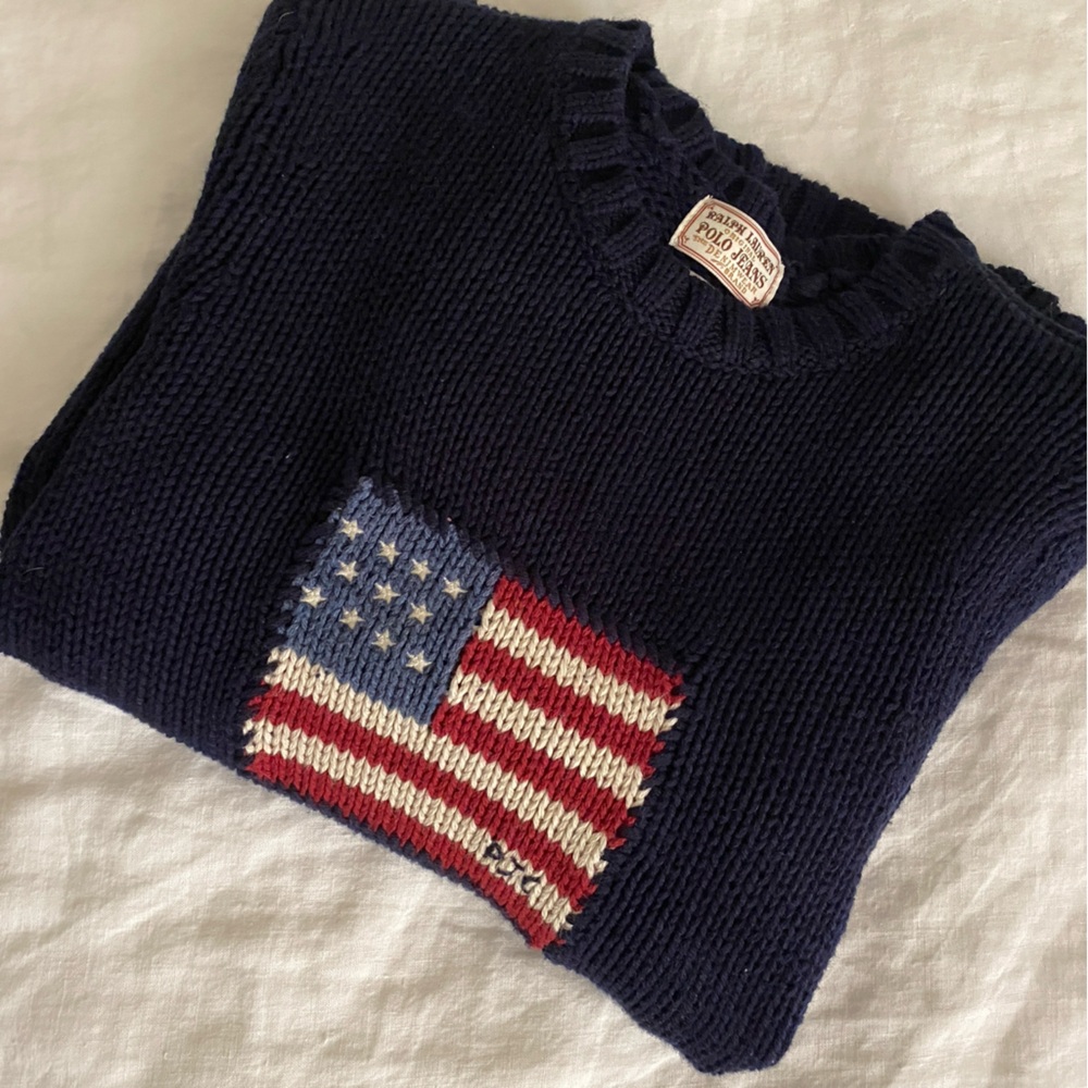 VINTAGE W TAGS Ralph Lauren Polo Jeans American Flag Sweater 🇺🇸